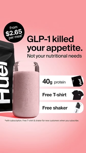 This meal replacement shake creative uses a direct, trend-aligned headline to address potential nutrition gaps, followed by a clear value-add offer for subscribers.